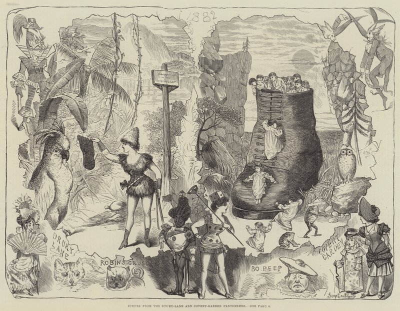 Scény z pantomimy Drury-Lane a Covent-Garden od George Cruikshank