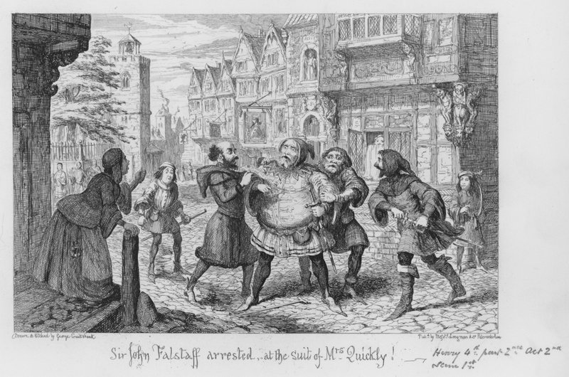 Sir John Falstaff zatčen v obleku paní Quicklyové! od George Cruikshank
