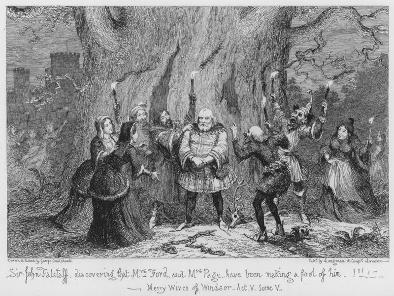 Sir John Falstaff zjistil, že si z něj paní Fordová a paní Pageová dělaly blázna od George Cruikshank