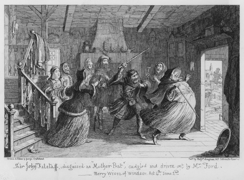 Sir John Falstaff, převlečený za matku Prat, objal a vyhnal pan Ford od George Cruikshank