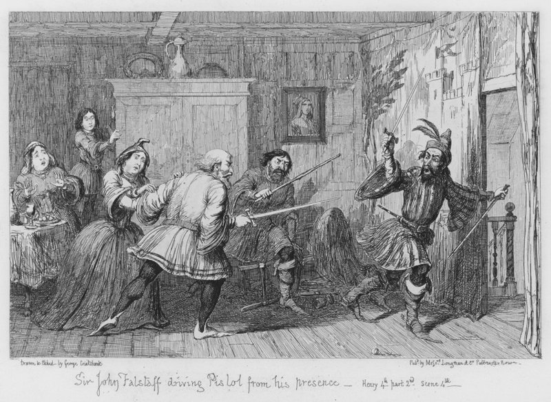 Sir John Falstaff odháněl Pistol ze své přítomnosti od George Cruikshank