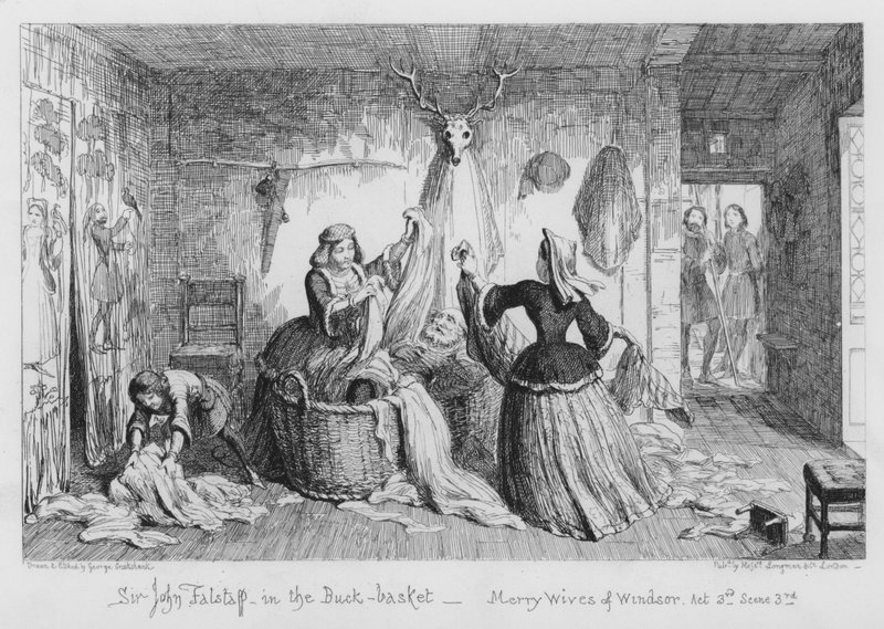 Sir John Falstaff v Buck-basket od George Cruikshank