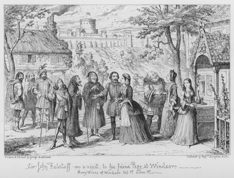 Sir John Falstaff na návštěvě u svého přítele Page ve Windsoru od George Cruikshank