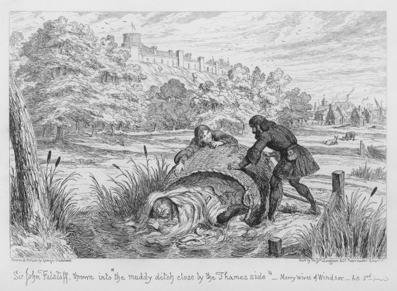 Sir John Falstaff vhozen do bahnitého příkopu na břehu Temže. od George Cruikshank