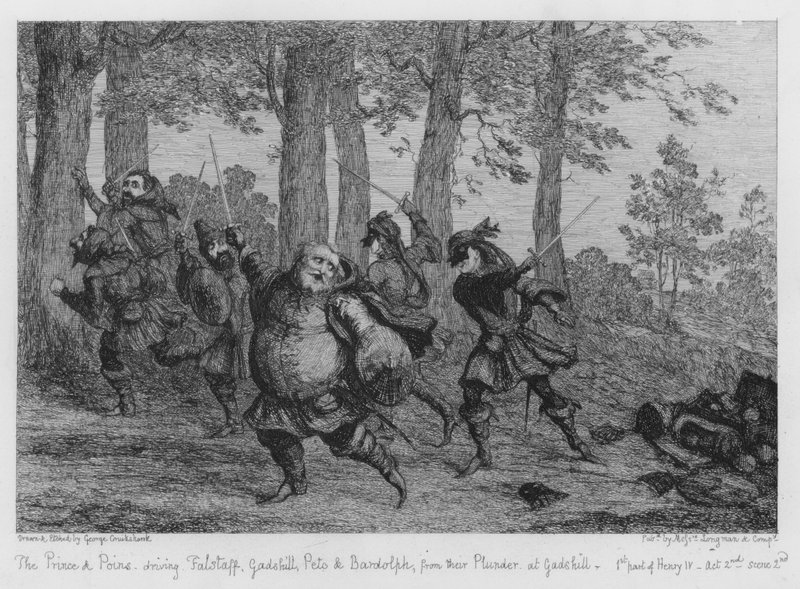 Princ a Poins řídí Falstaffa, Gadshilla, Peta a Bardolpha z jejich plenění v Gadshillu od George Cruikshank