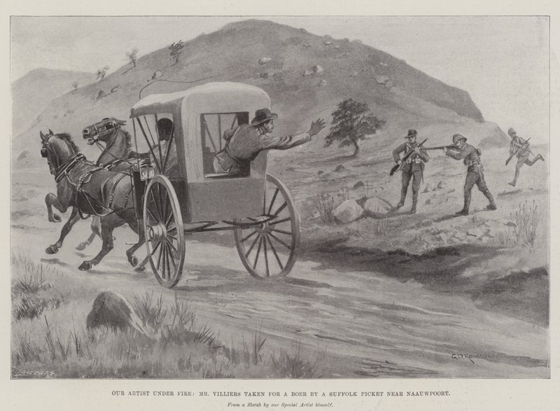 Náš umělec pod palbou, pan Villiers, kterého suffolkská hlídka poblíž Naauwpoortu vzala za kance od George Derville Rowlandson