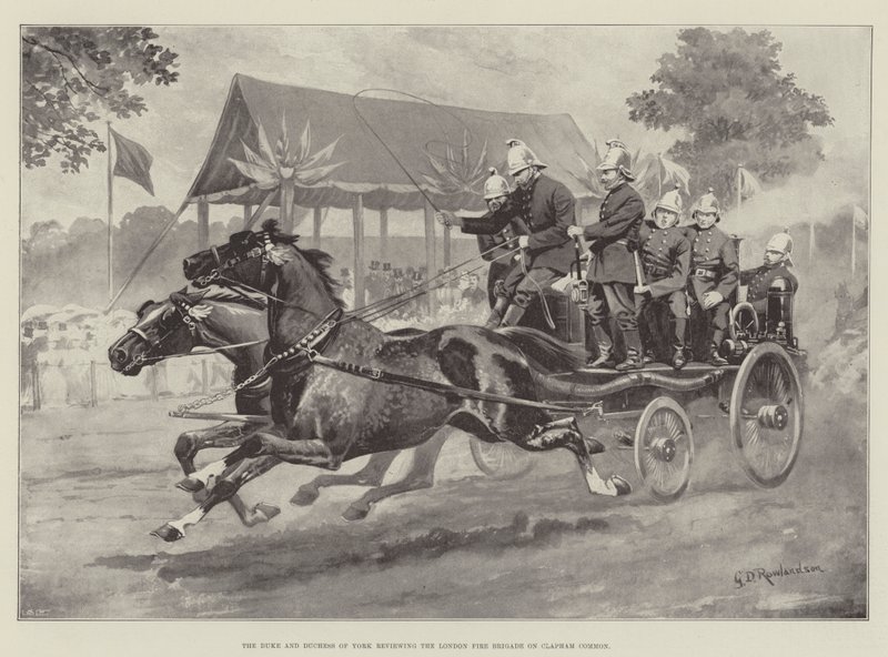 Vévoda a vévodkyně z Yorku hodnotí londýnský hasičský sbor na Clapham Common od George Derville Rowlandson