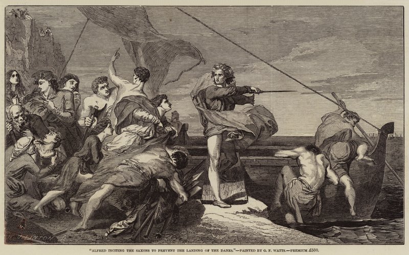 Alfred pobízel Sasy, aby zabránili vylodění Dánů od George Frederick Watts