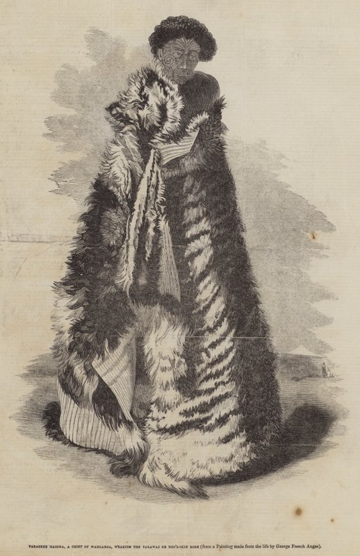 Paratene Maioha, náčelník Wangaroa, na sobě Parawai nebo župan z psí kůže od George French Angas