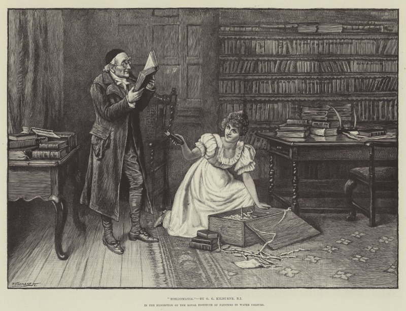 Bibliomania, na výstavě Královského institutu malířů ve vodových barvách od George Goodwin Kilburne