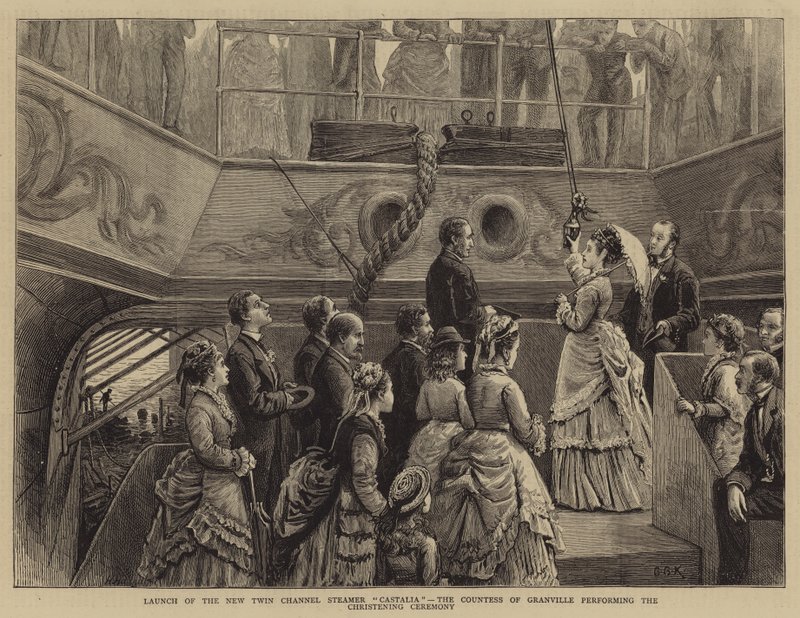 Uvedení nového dvojkanálového parníku Castalia, hraběnka z Granville při křtinovém obřadu od George Goodwin Kilburne