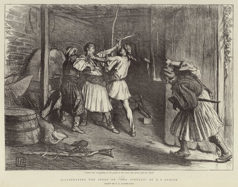 Ilustrace k příběhu o vinobraní od E. F. Bensona od George Percy Jacomb Hood