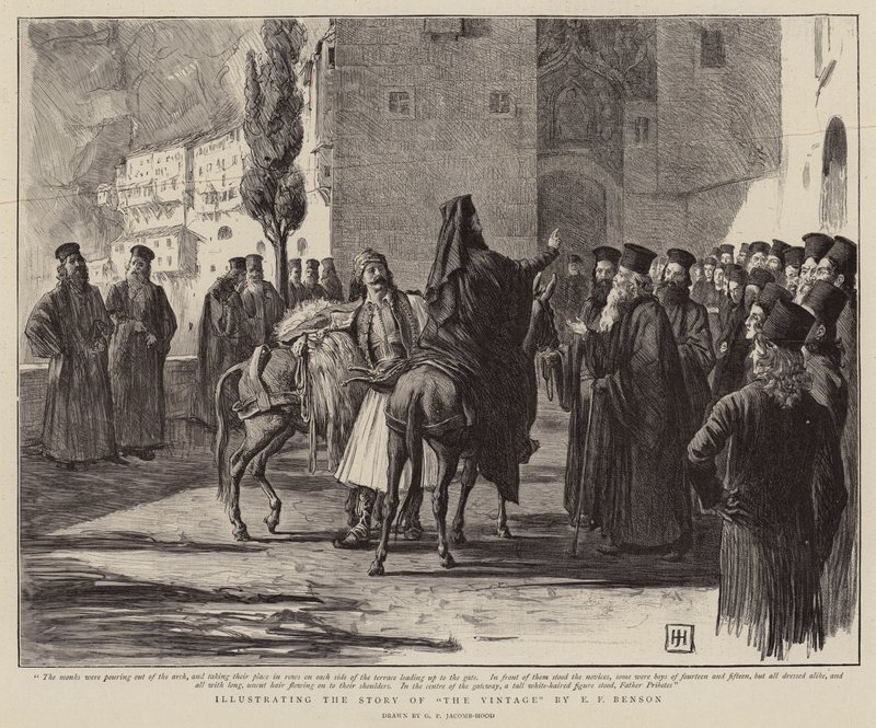 Ilustrace k příběhu o vinobraní od E. F. Bensona od George Percy Jacomb Hood