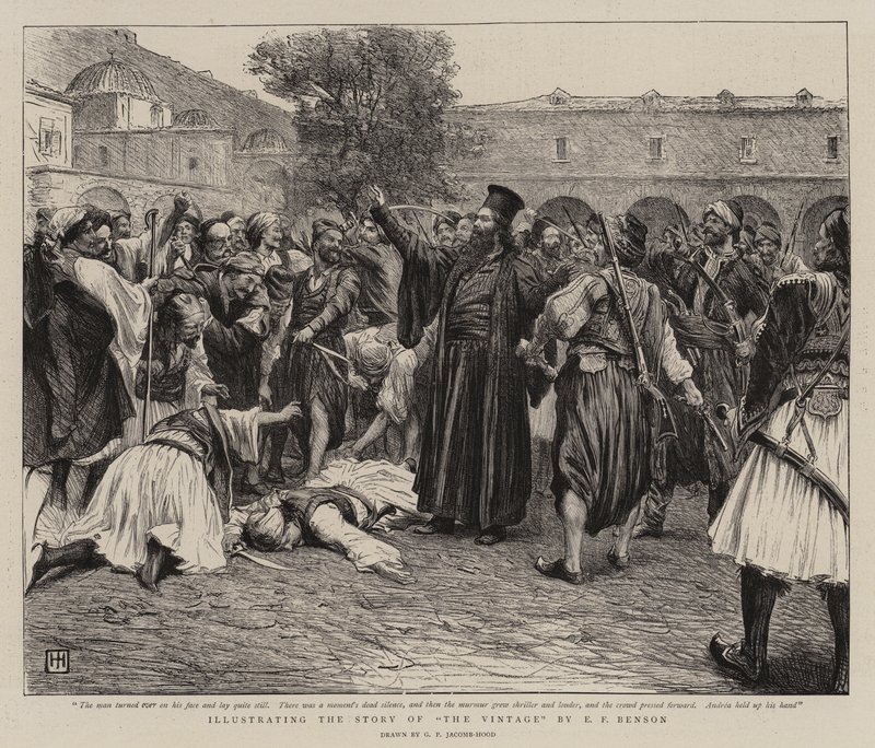 Ilustrující příběh vinobraní od E F Bensona od George Percy Jacomb Hood