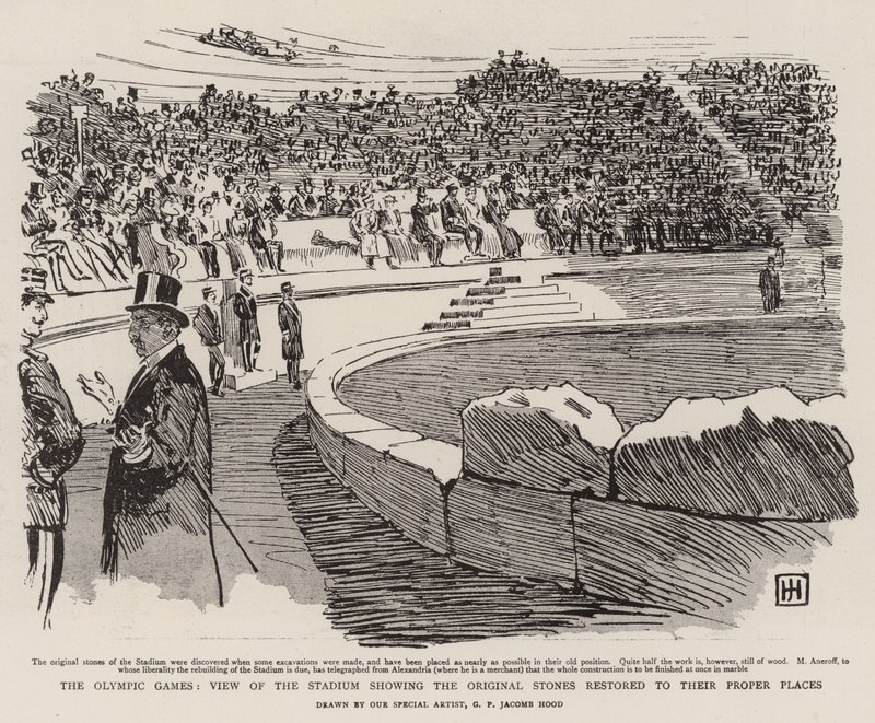 Olympijské hry, pohled na stadion ukazující původní kameny obnovené na jejich správná místa od George Percy Jacomb Hood