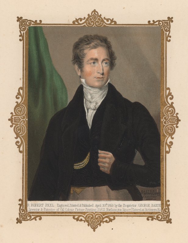 Sir Robert Peel , britský politik a dvojnásobný premiér (barva litho) od George (after) Baxter