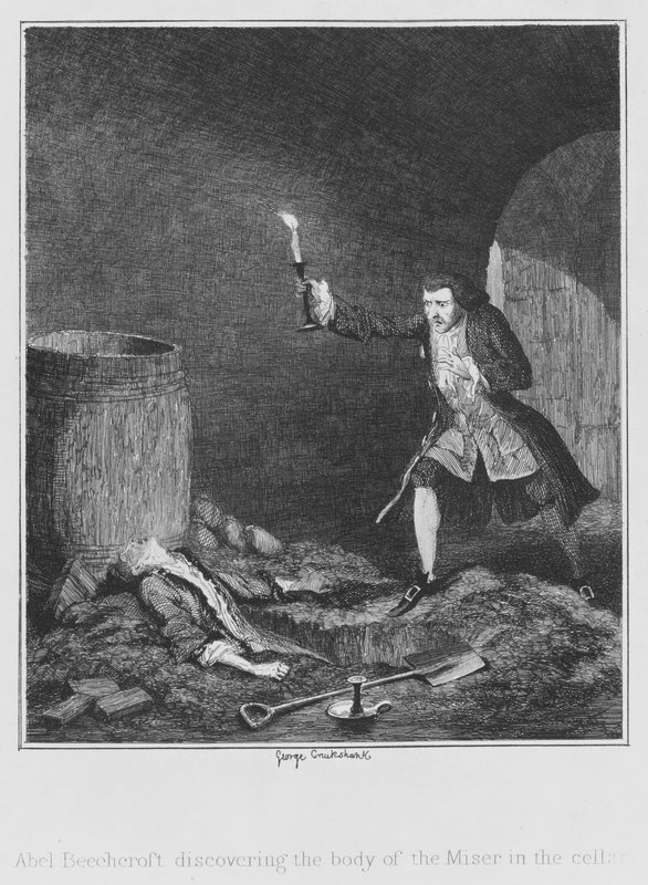 Abel Beechcroft objevuje tělo lakomce ve sklepě (rytina) od George (after) Cruikshank