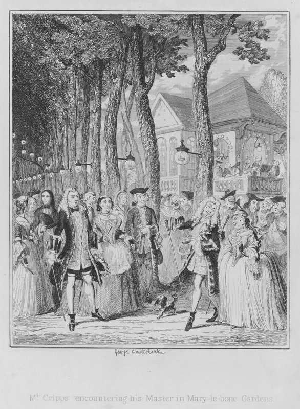 Pan Cripps se setkává se svým pánem v Mary-le-bone Gardens (rytina) od George (after) Cruikshank