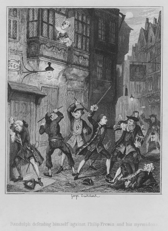 Randulph se brání proti Philipu Frewinovi a jeho myrmidonům (rytina) od George (after) Cruikshank