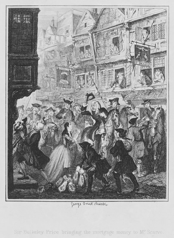 Sir Bulkeley Price přináší hypoteční peníze panu Scarveovi (rytina) od George (after) Cruikshank