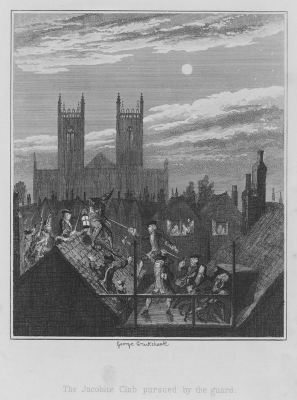 Jakobitský klub pronásledovaný stráží (rytina) od George (after) Cruikshank