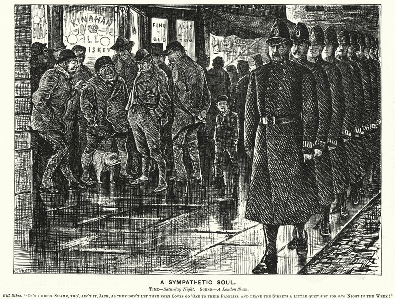 Punch cartoon: Sympatická duše - policejní práce v londýnských slumech (rytina) od George (after) Du Maurier