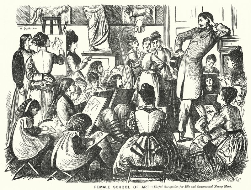 Punch cartoon: Female School of Art (užitečné povolání pro nečinné a okrasné mladé muže) (rytina) od George (after) Du Maurier