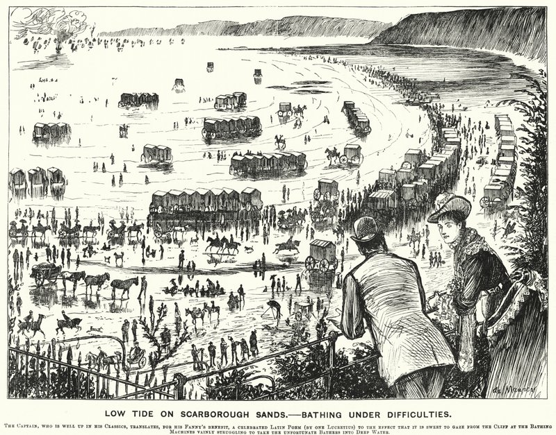 Punch cartoon: Low Tide on Scarborough Sands - Koupání v obtížích (rytina) od George (after) Du Maurier