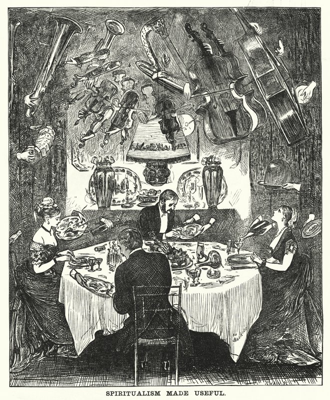 Punch cartoon: Spiritualism Made Useful (rytina) od George (after) Du Maurier