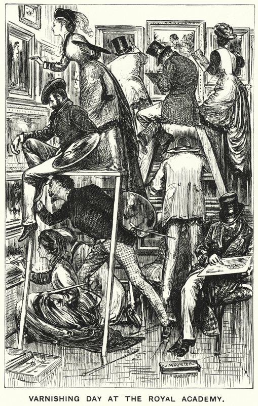 Punch cartoon: Lakovací den v Královské akademii (rytina) od George (after) Du Maurier