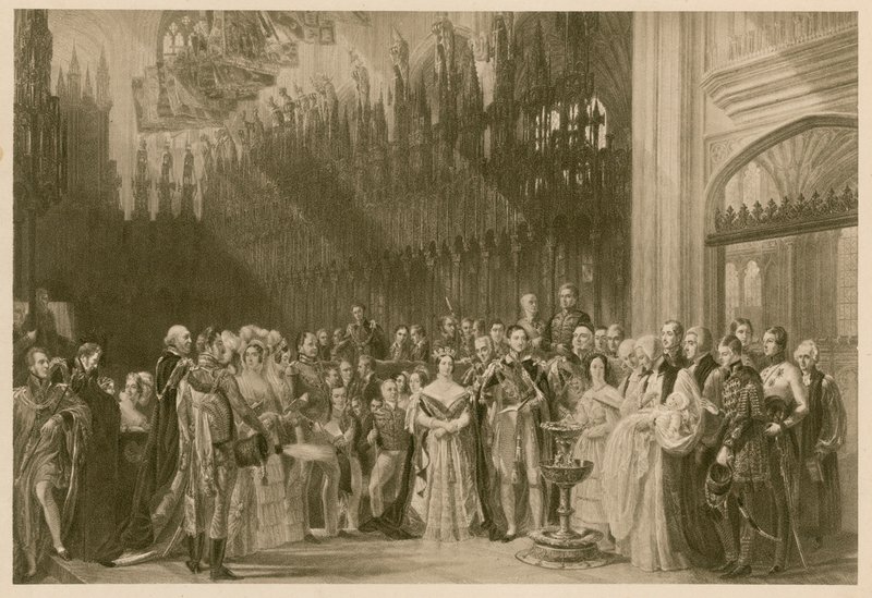 Křest prince z Walesu, budoucího krále Edwarda VII., kaple svatého Jiří, hrad Windsor, 24. ledna 1842 (hlubotisk) od George (after) Hayter