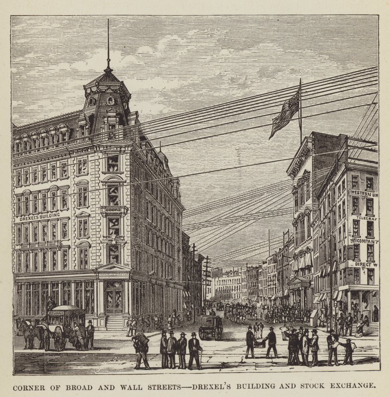 Roh Broad a Wall Street, budova Drexels a burza od George Augustus Sala