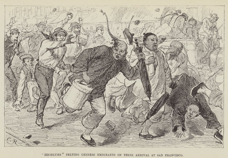 Hoodlumové hází čínské emigranty při jejich příjezdu do San Francisca od George Augustus Sala