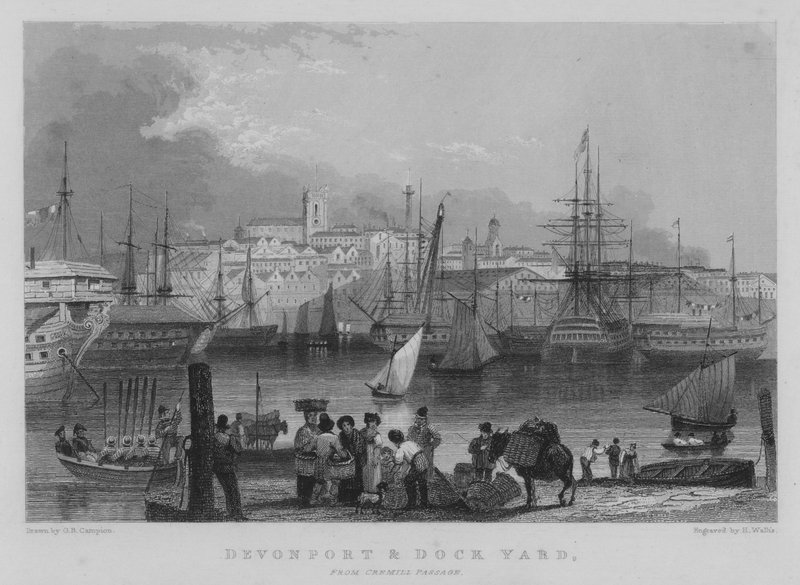 Devonport a loděnice, z Cremill Passage (rytina) od George Bryant Campion