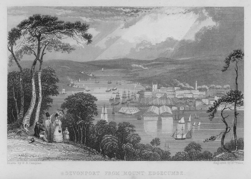 Devonport z Mount Edgecumbe (rytina) od George Bryant Campion