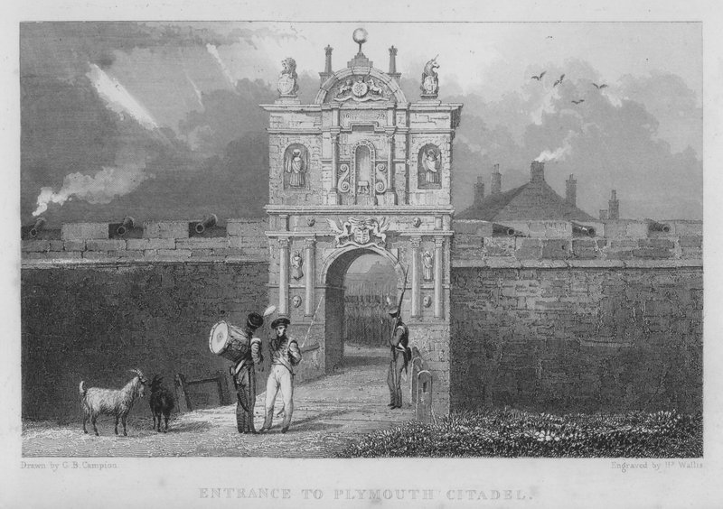 Vchod do Plymouth Citadel (rytina) od George Bryant Campion