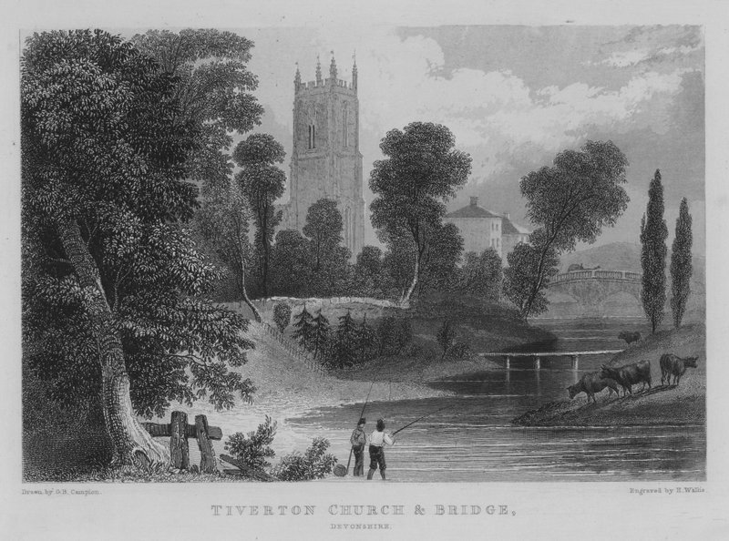 Tiverton Church and Bridge, Devonshire (rytina) od George Bryant Campion