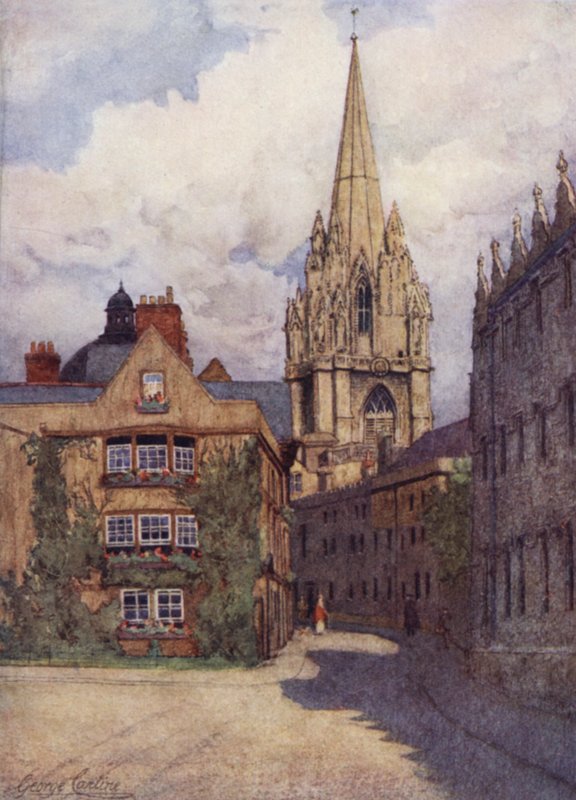 Oxford: Kostel Panny Marie z rohu Oriel Street a Merton Street, s Oriel College vpravo od George Carline