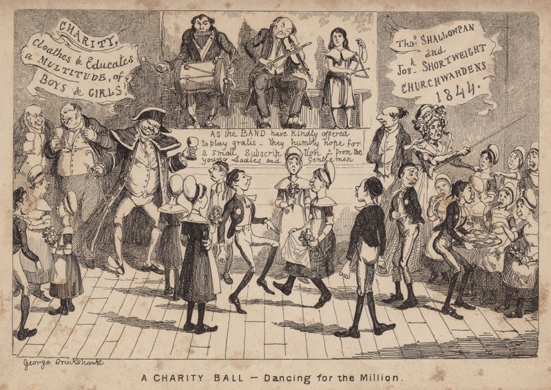 Charitativní ples - tanec za milion; kreslený film od George Cruikshank