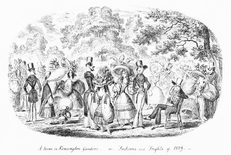 Scéna v Kensington Gardens, aneb Fashions and Frights of 1829 (rytina) od George Cruikshank