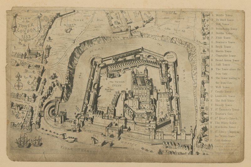Pohled na Tower of London v roce 1553 od George Cruikshank