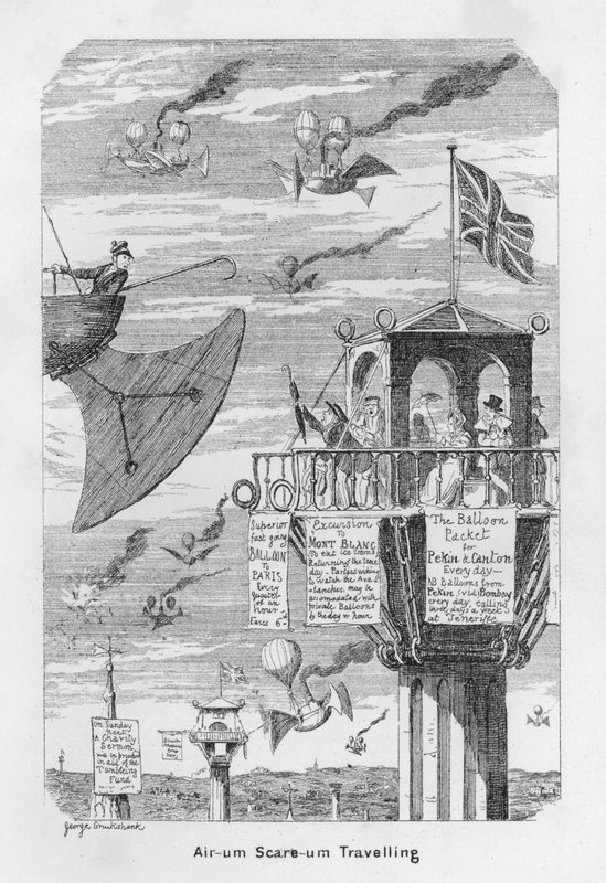 Air-um, Scare-um Traveling - tedy očekávání budoucnosti létání v roce 1843 od George Cruikshank