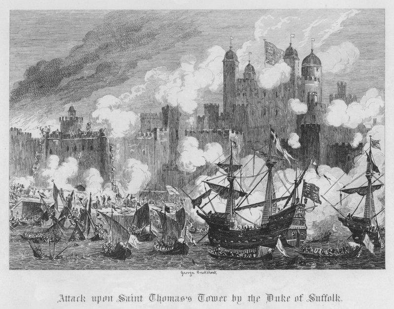 Útok na věž svatého Tomáše vévodou ze Suffolku (rytina) od George Cruikshank