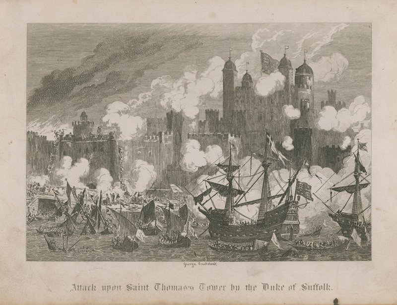 Útok vévody ze Suffolku na věž svatého Tomáše od George Cruikshank