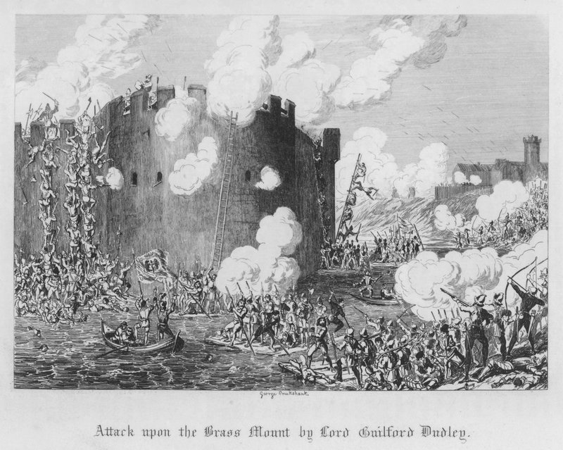 Útok na mosaznou horu od Lorda Guilforda Dudleyho (rytina) od George Cruikshank