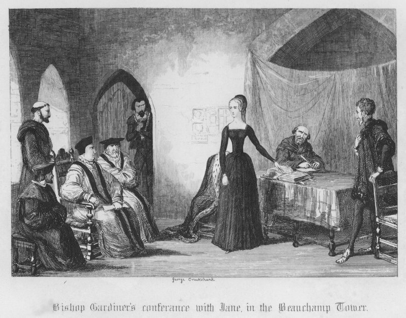 Konference biskupa Gardinera s Jane, v Beauchamp Tower (rytina) od George Cruikshank