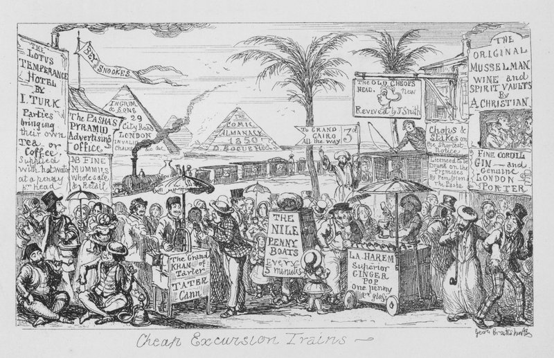 Levné výletní vlaky, tedy budoucnost masové turistiky v představách (rytina) od George Cruikshank