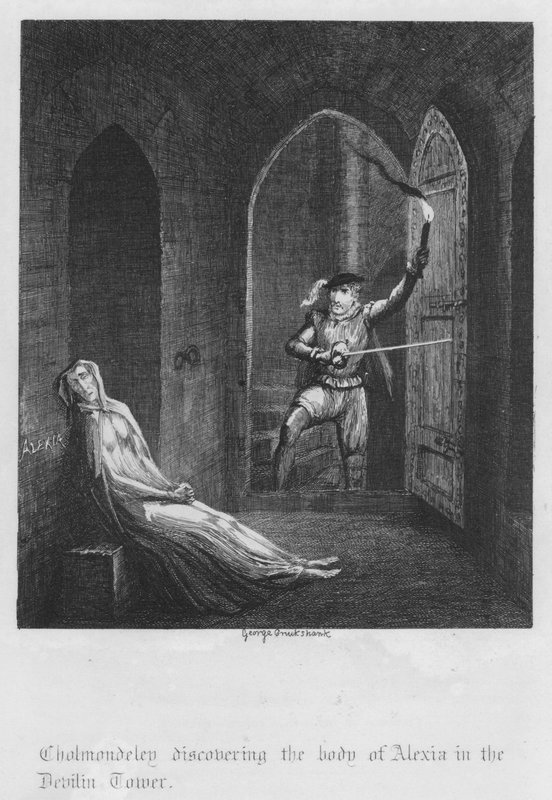 Cholmondeley objevuje tělo Alexie v Devilin Tower (rytina) od George Cruikshank