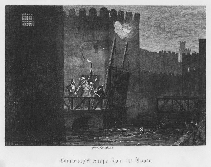 Courtenayin útěk z věže (rytina) od George Cruikshank