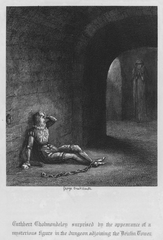 Cuthbert Cholmondeley překvapen objevením tajemné postavy v kobce sousedící s Devilin Tower (rytina) od George Cruikshank